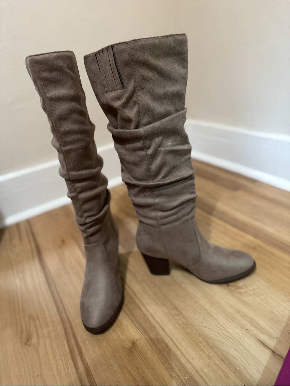 Womens Taupe Slouch Knee-High Boots - Classic Block Heel